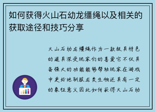 如何获得火山石幼龙缰绳以及相关的获取途径和技巧分享 如何获得火山石幼龙缰绳以及相关的获取途径和技巧分享